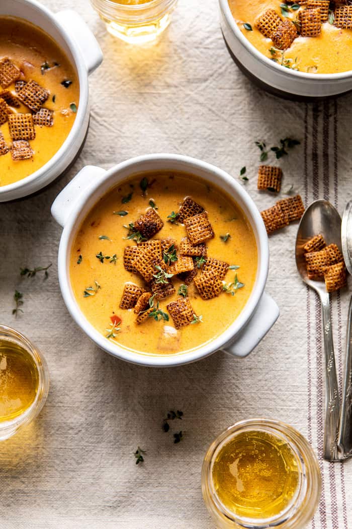 overhead photo of Beer Cheese Soup with Chili Spiced Chex 