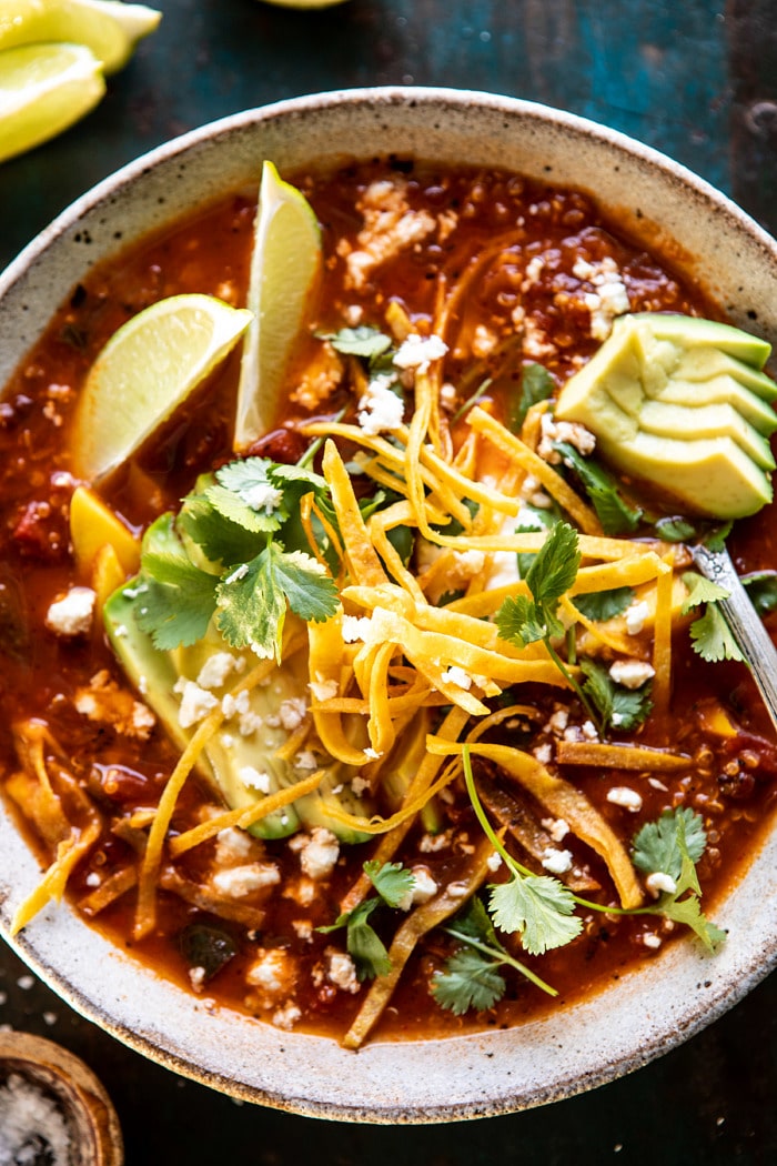 overhead close up photo of Crockpot Spicy Vegetarian Tortilla Soup with Quinoa