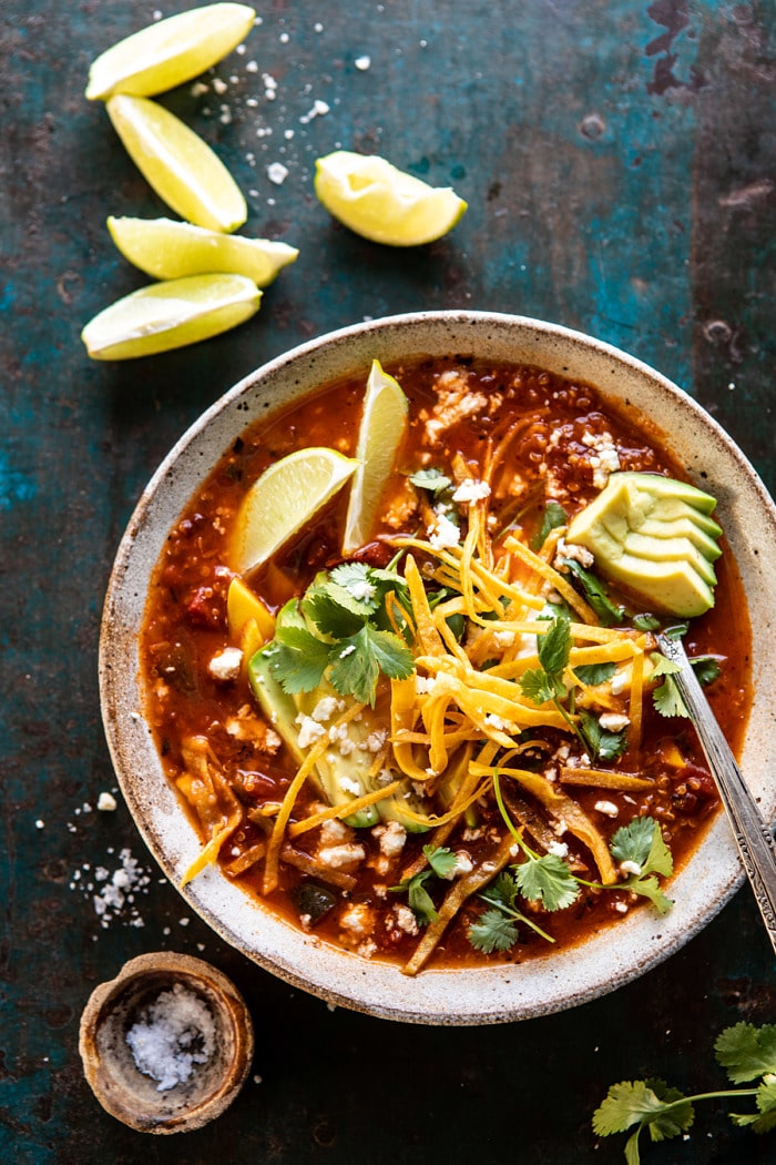 overhead photo of Crockpot Spicy Vegetarian Tortilla Soup with Quinoa 