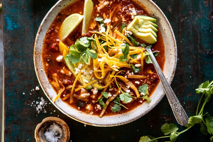 horizontal photo of Crockpot Spicy Vegetarian Tortilla Soup with Quinoa 