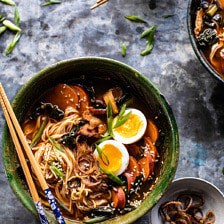 Feel Good Spicy Ramen with Sweet Potatoes and Crispy Shallots.
