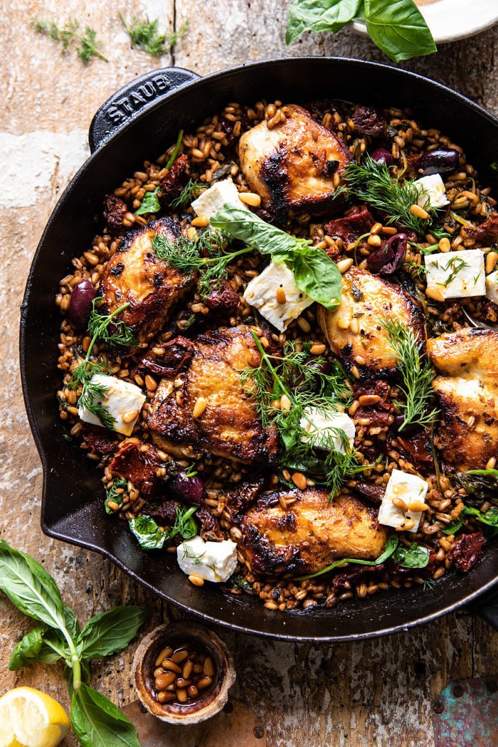 overhead close up photo of One Skillet Greek Sun-Dried Tomato Chicken and Farro
