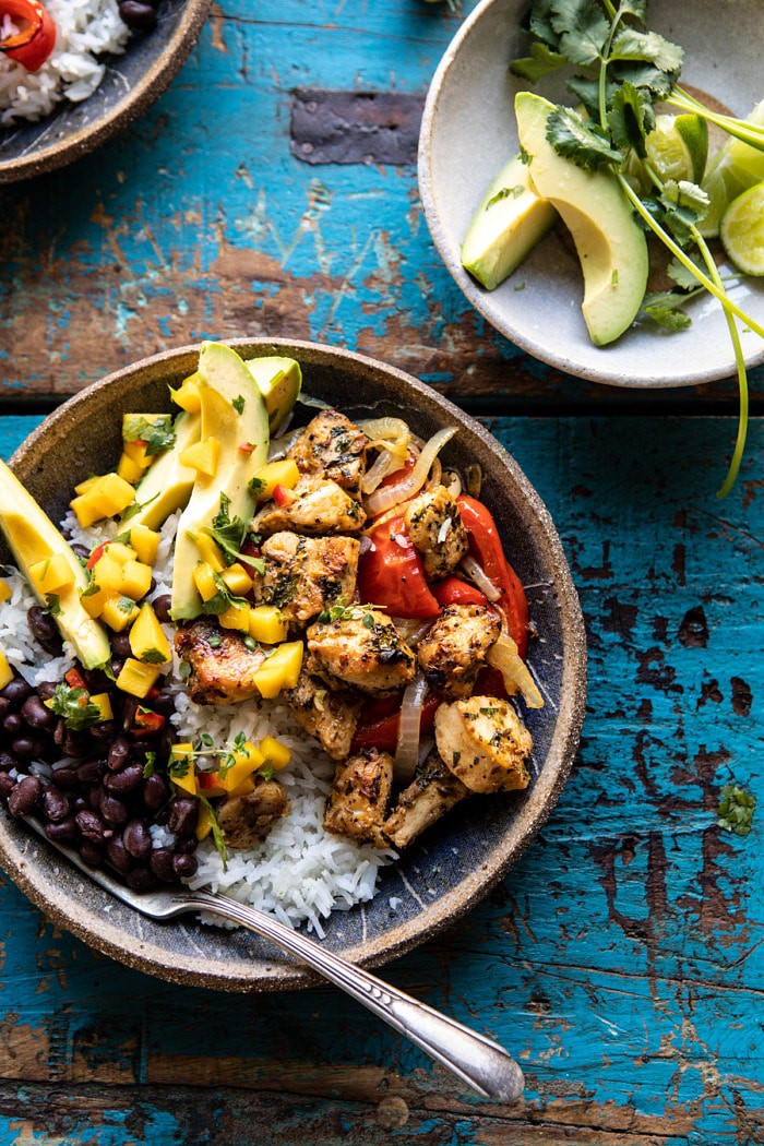 overhead close up photo of Sheet Pan Cuban Chicken and Black Bean Rice Bowl