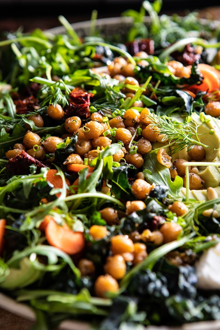 side angle close up photo of Super Green Sun-Dried Tomato Herb Salad with Crispy Chickpeas 