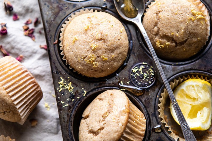horizontal photo of Vanilla Chai Lemon Ricotta Muffins