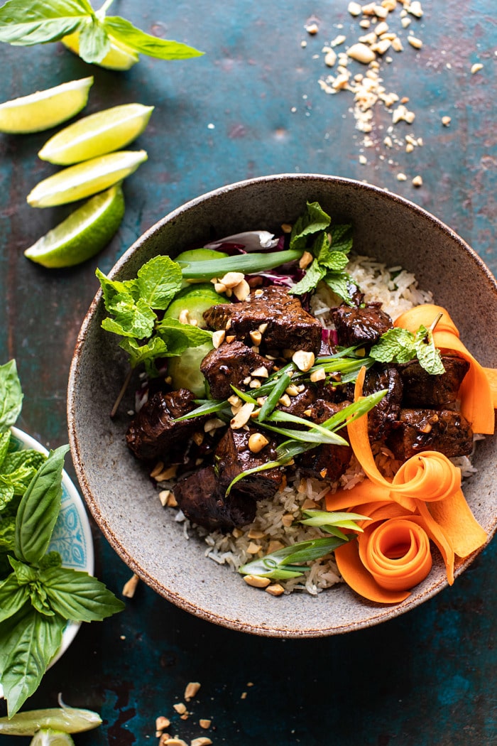 overhead photo of 30 Minute Vietnamese Beef and Crispy Rice Bowl 