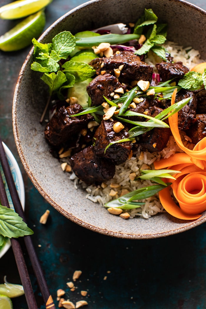overhead close up photo of 30 Minute Vietnamese Beef and Crispy Rice Bowl 