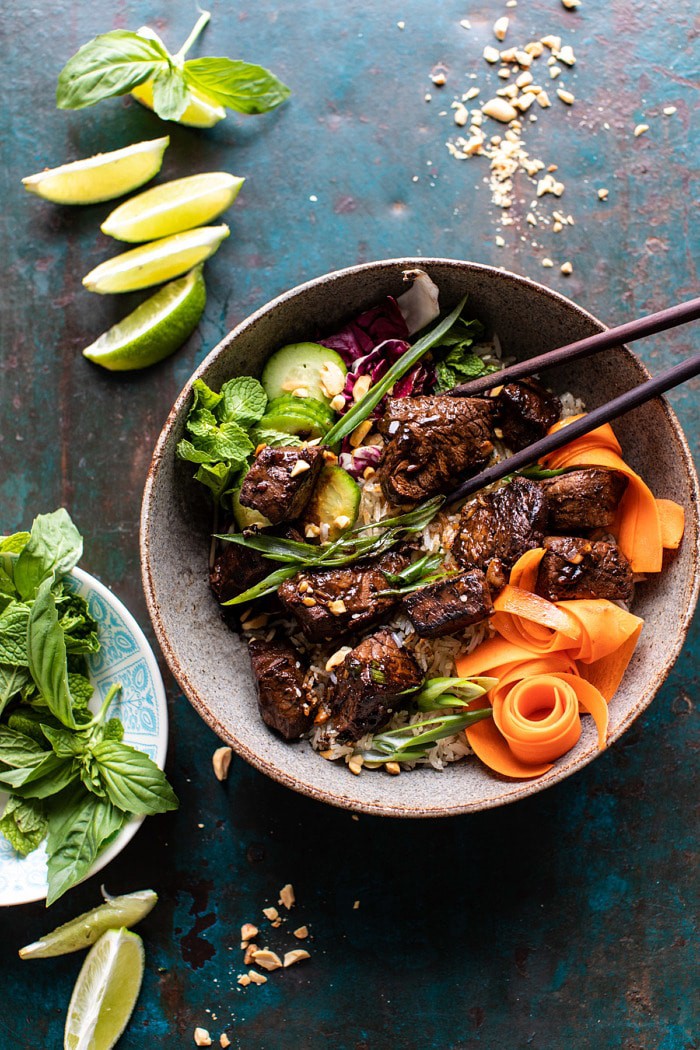 overhead photo of 30 Minute Vietnamese Beef and Crispy Rice Bowl with chopsticks in bowl 