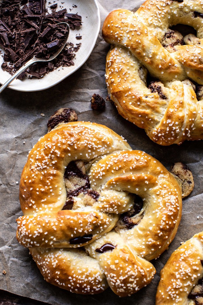 overhead close up photo of Chocolate Chip Cookie Stuffed Soft Pretzels