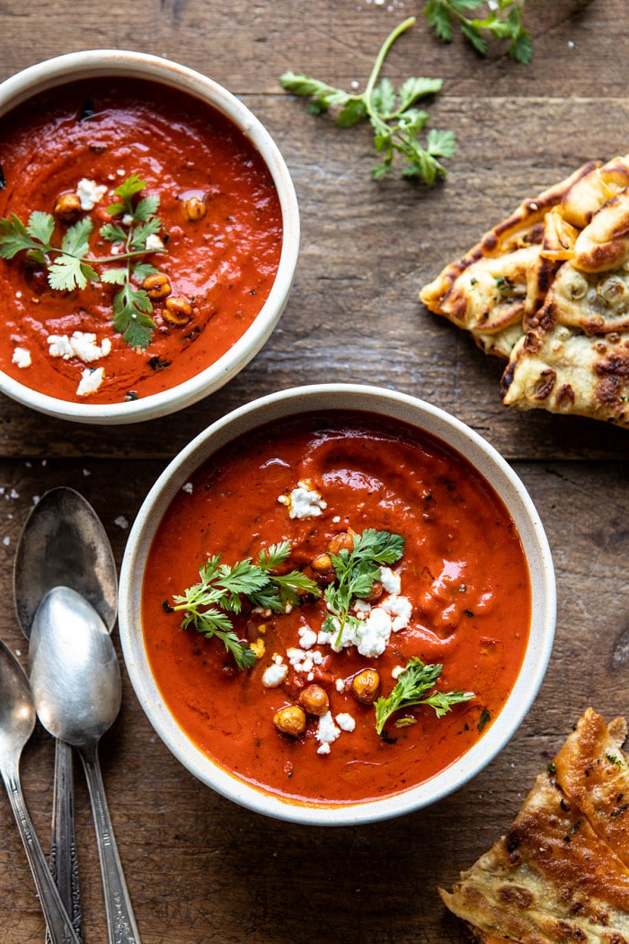 New! Creamy Moroccan Tomato Soup. The cozy weeknight soup that's quick, easy, and healthy too. Recipe: https://dev.halfbakedharvest.com/creamy-moroccan-tomato-soup/ #tomatosoup #easyrecipes #healthy #soup #vegan
