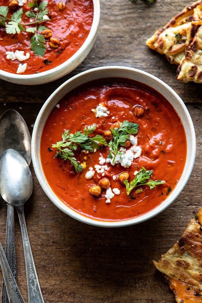 overhead close up photo of Creamy Moroccan Tomato Soup
