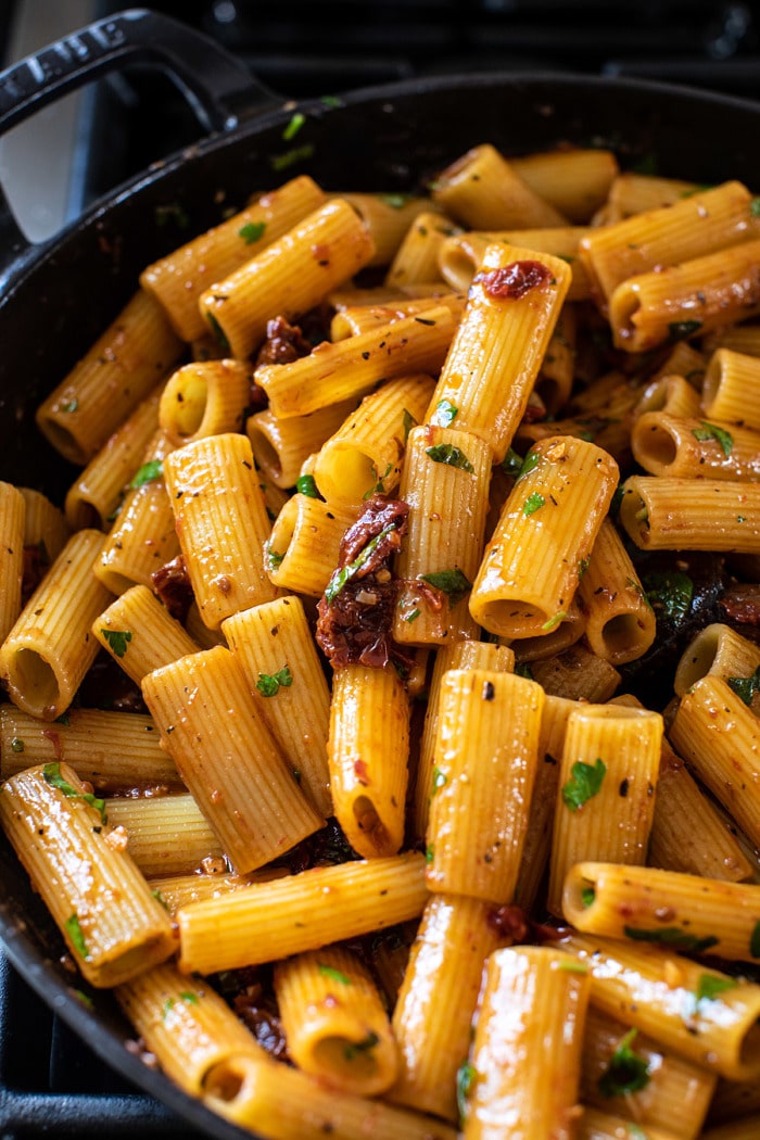 Quick Pantry Pasta with Sun-Dried Tomatoes in skillet 
