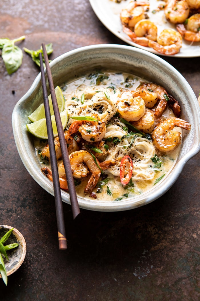 side angled photo of Saucy Garlic Butter Shrimp with Coconut Milk and Rice Noodles