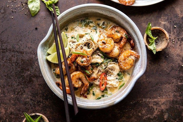 horizontal photo of Saucy Garlic Butter Shrimp with Coconut Milk and Rice Noodles