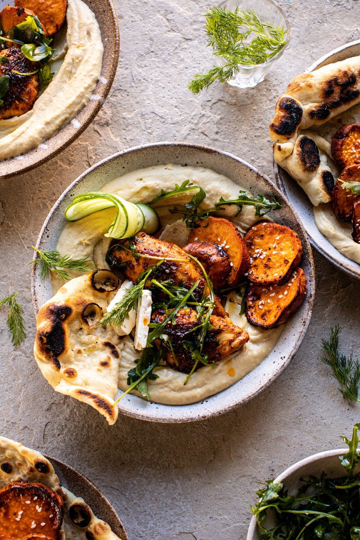 Sheet Pan Chicken Shawarma with Sesame Sweet Potatoes and Hummus | halfbakedharvest.com #easyrecipes #healthyrecipes #sheetpan #chickenrecipes #hummus