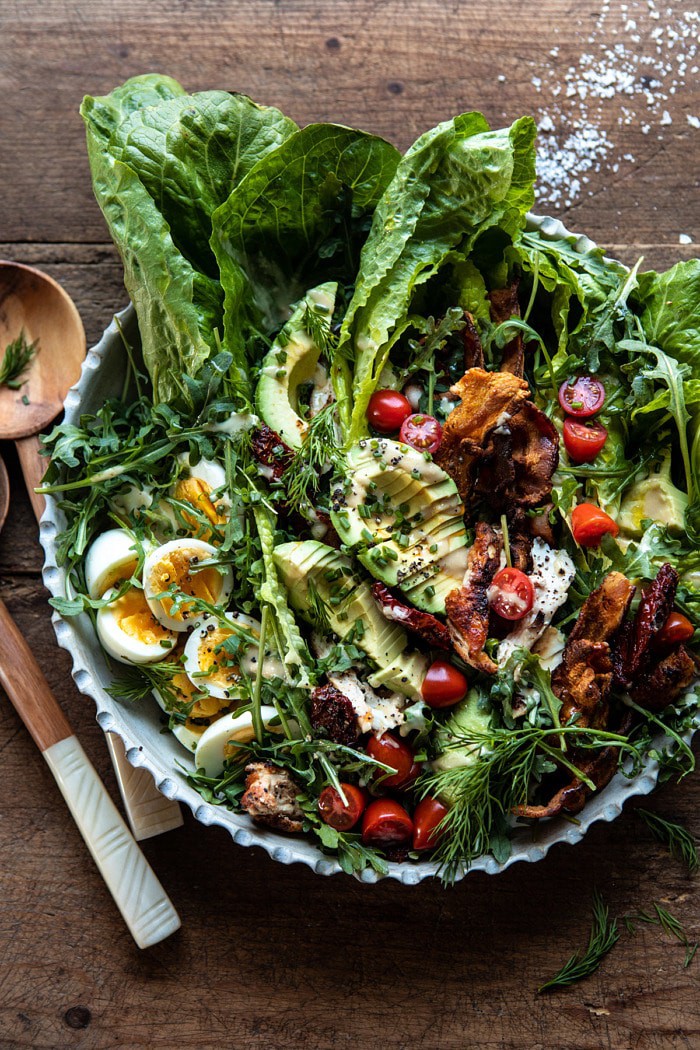 Sun-Dried Tomato Chicken and Avocado Cobb Salad with Tahini Ranch | halfbakedharvest.com #salad #easyrecipes #healthy #chickenrecipes