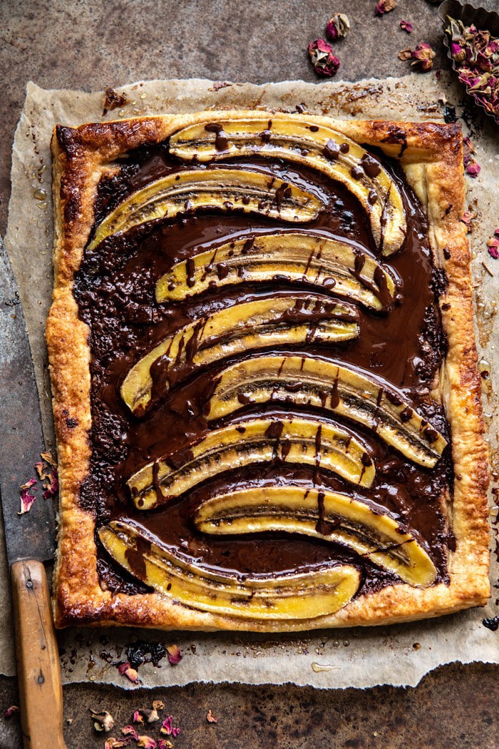 overhead photo of Warm Chocolate Banana Galette without ice cream
