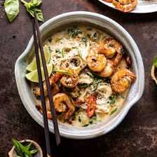 Saucy Garlic Butter Shrimp with Coconut Milk and Rice Noodles.
