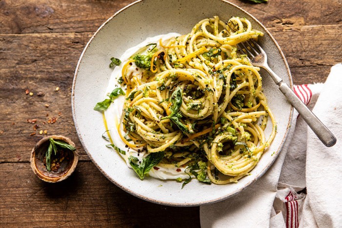 horizontal photo of Broccoli Pesto Pasta with Whipped Ricotta 