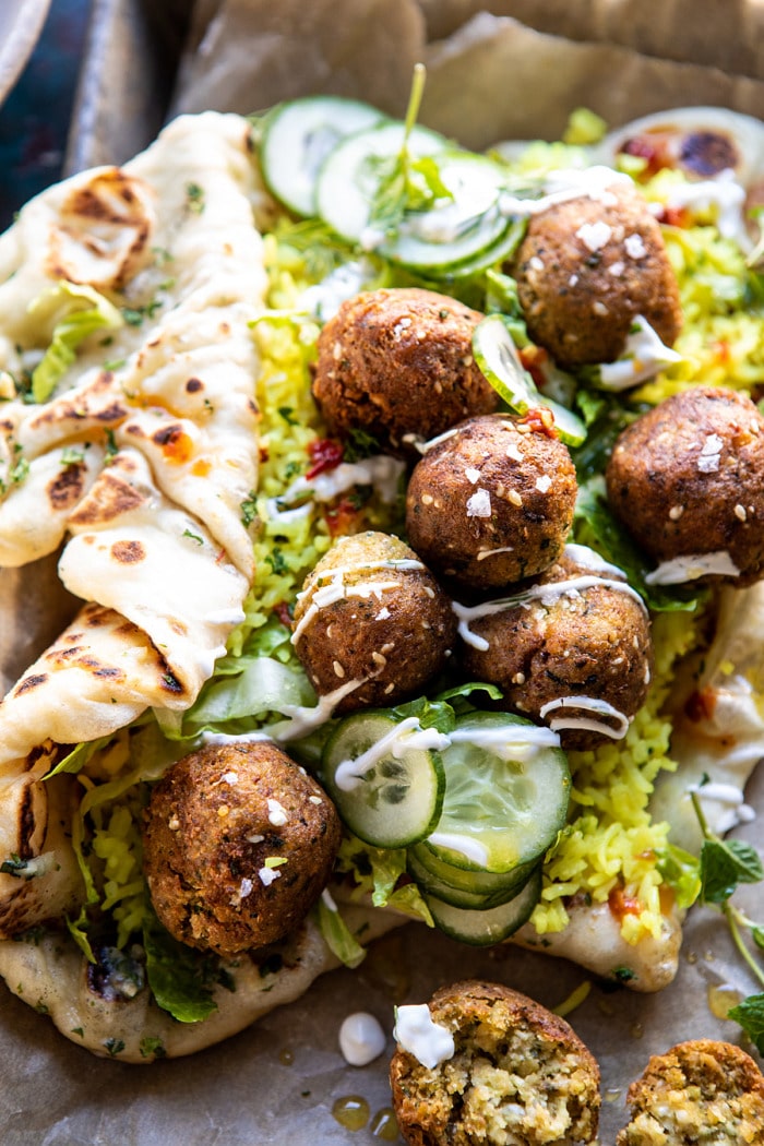 close up photo of Falafel Naan Wraps with Golden Rice and Special Sauce 