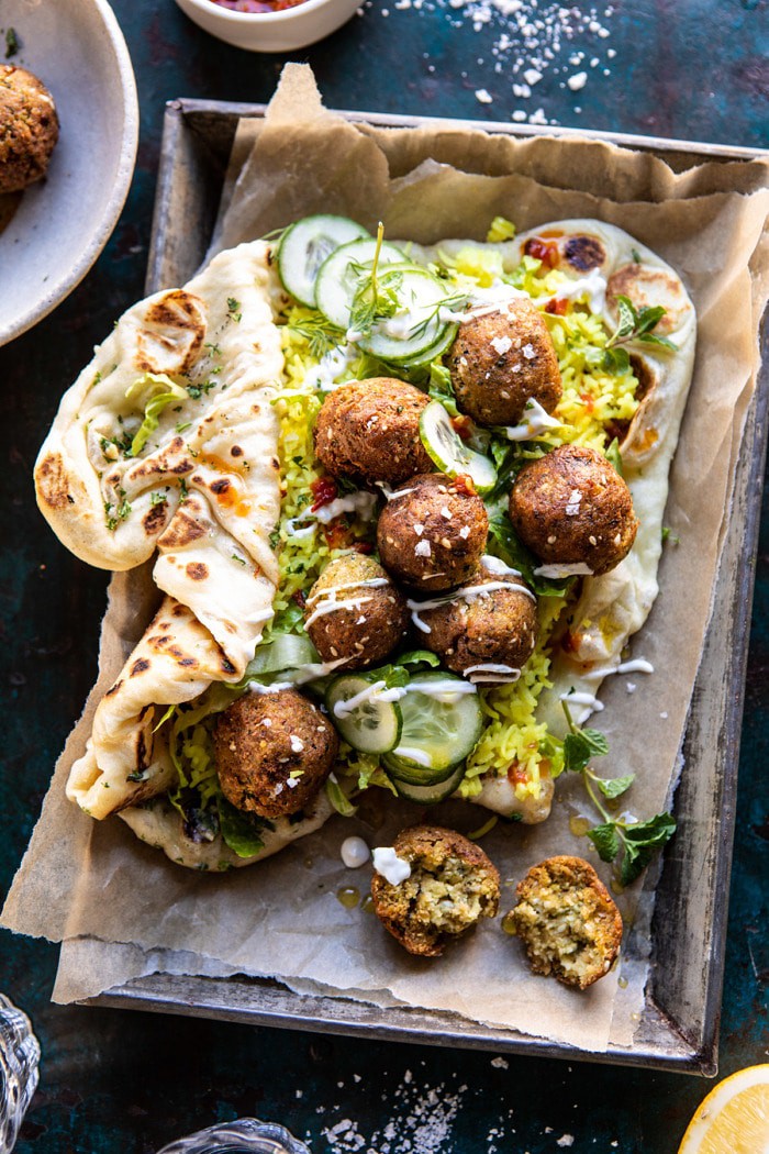 overhead photo of Falafel Naan Wraps with Golden Rice and Special Sauce