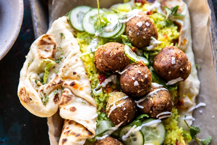horizontal photo of Falafel Naan Wraps with Golden Rice and Special Sauce 