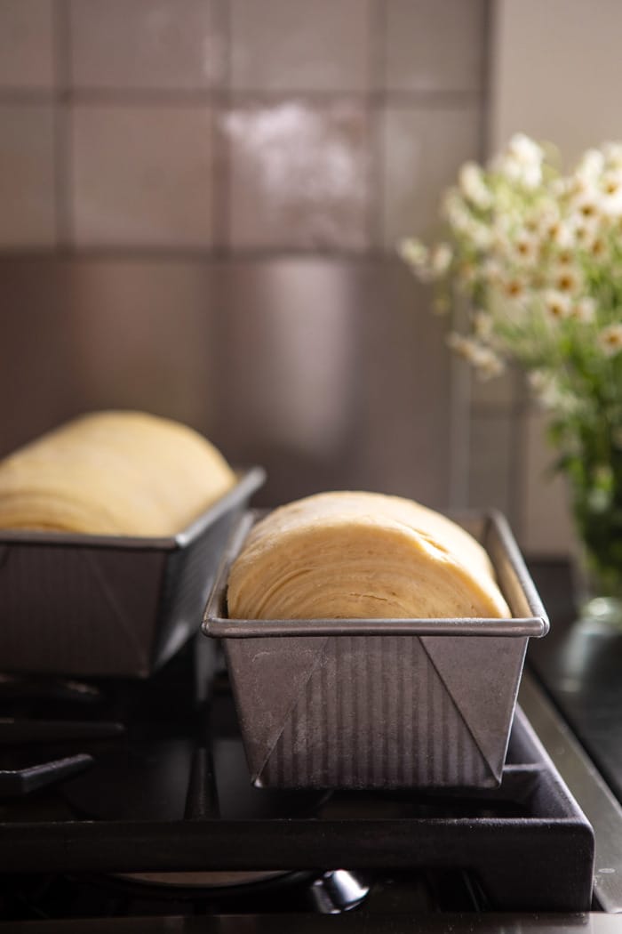 Flaky Honey Brioche Bread in bread pan before baking
