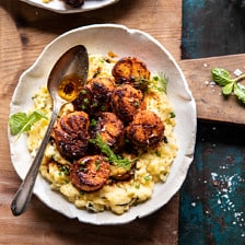 Honey Butter Blackened Scallops with Herby Polenta | halfbakedharvest.com #seafood #scallops #easyrecipes #dinnerrecipes