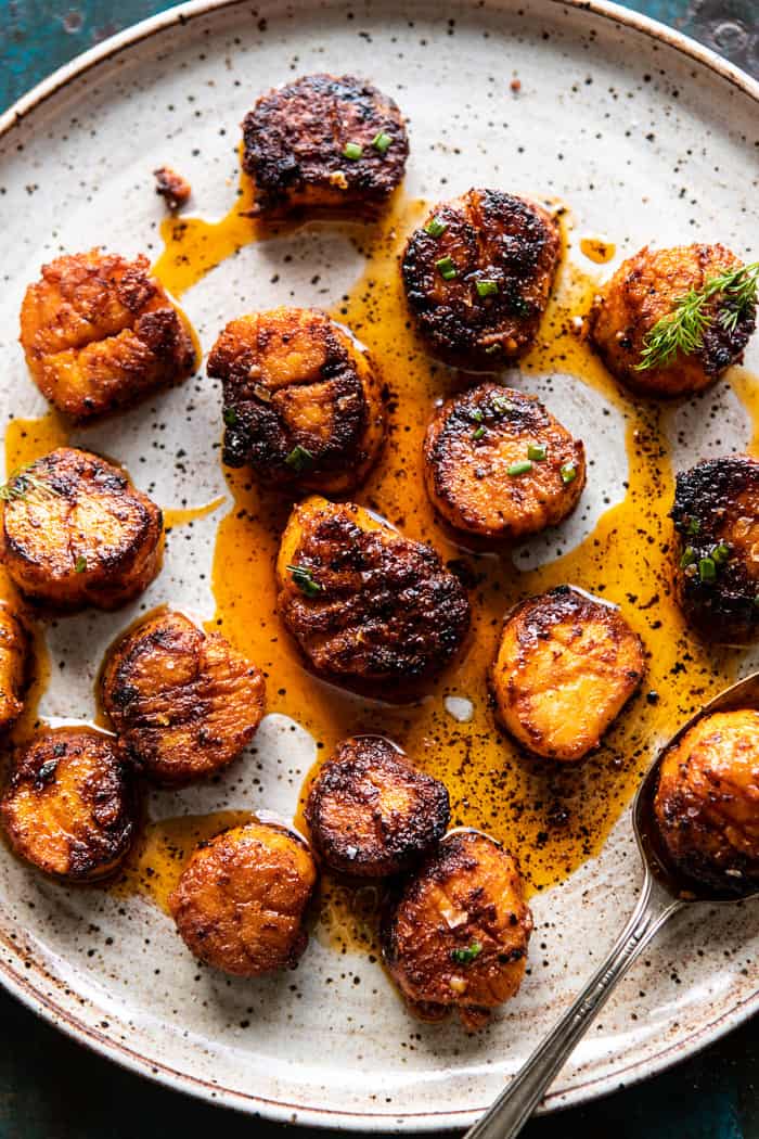 Honey Butter Blackened Scallops on plate