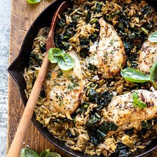 One Skillet Goat Cheese Stuffed Chicken and Orzo | halfbakedharvest.com #skilletchicken #skilletrecipes #easyrecipes #dinner