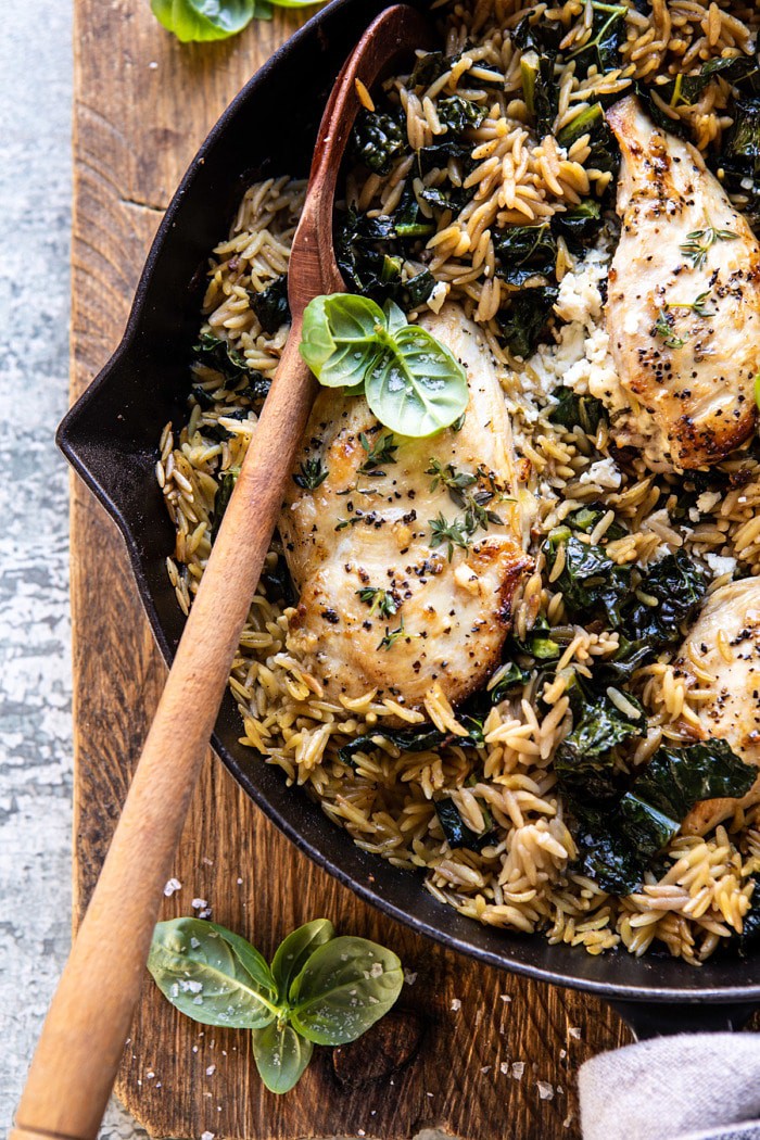 overhead close up photo of One Skillet Goat Cheese Stuffed Chicken and Orzo