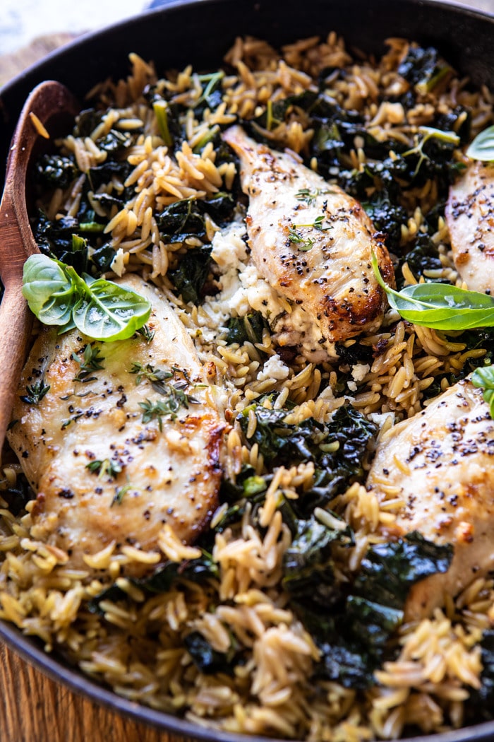 overhead side angled photo of One Skillet Goat Cheese Stuffed Chicken and Orzo 