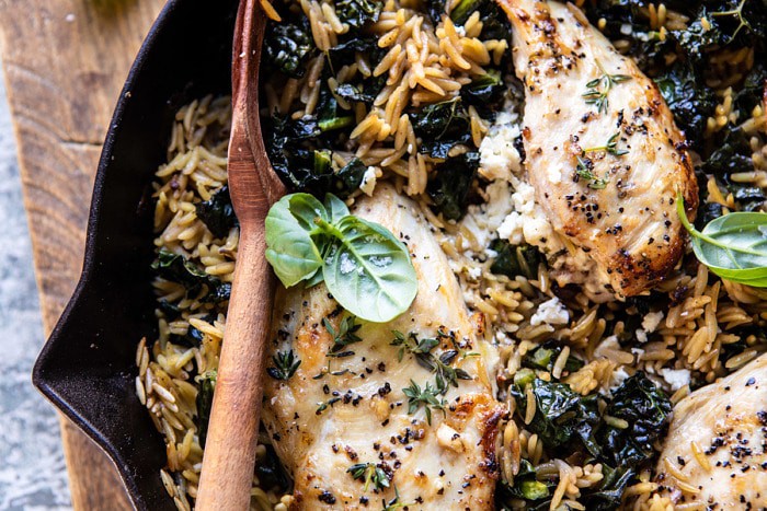 horizontal photo of One Skillet Goat Cheese Stuffed Chicken and Orzo 