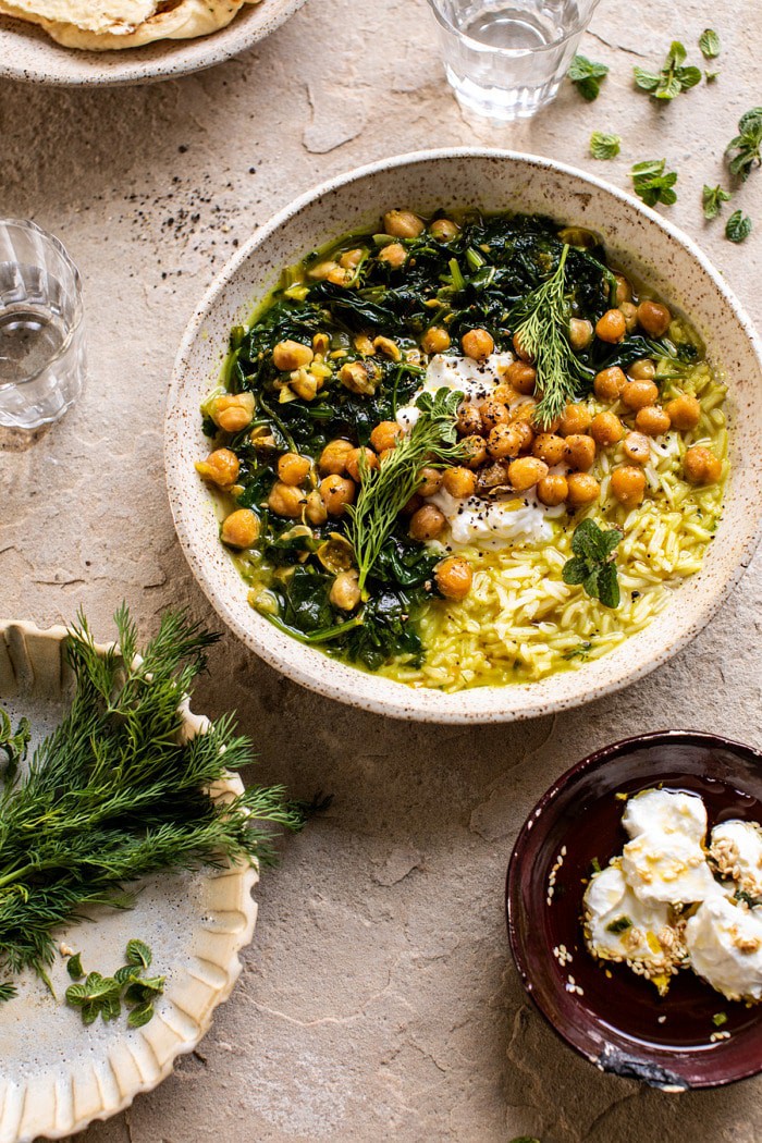 overhead photo of Persian Herb and Chickpea Stew with Rice 
