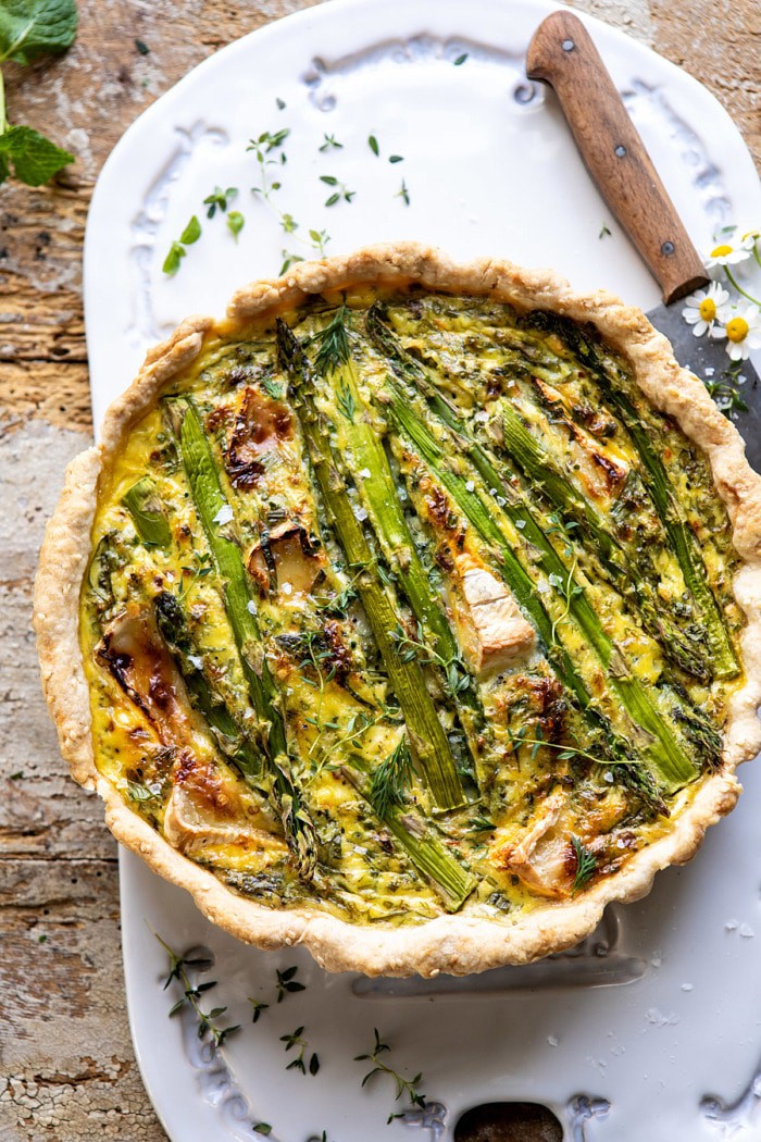 overhead photo of Asparagus and Brie Quiche 