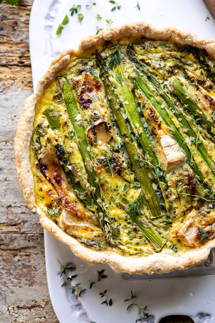 overhead close up photo of Asparagus and Brie Quiche 