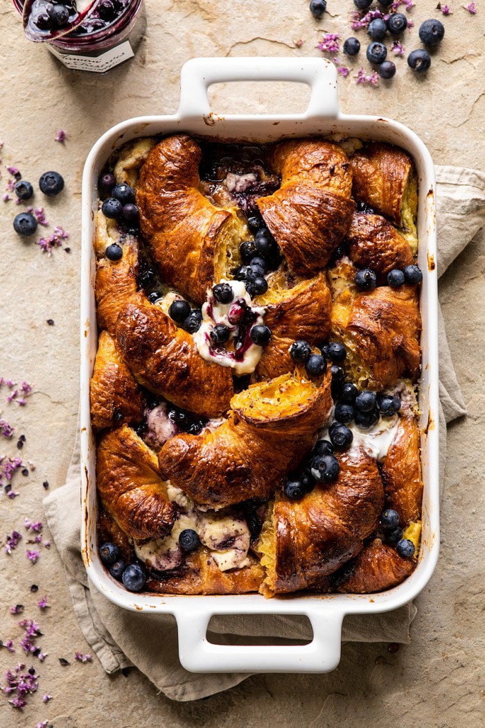 overhead photo of Berry and Cream Cheese Croissant French Toast Bake 