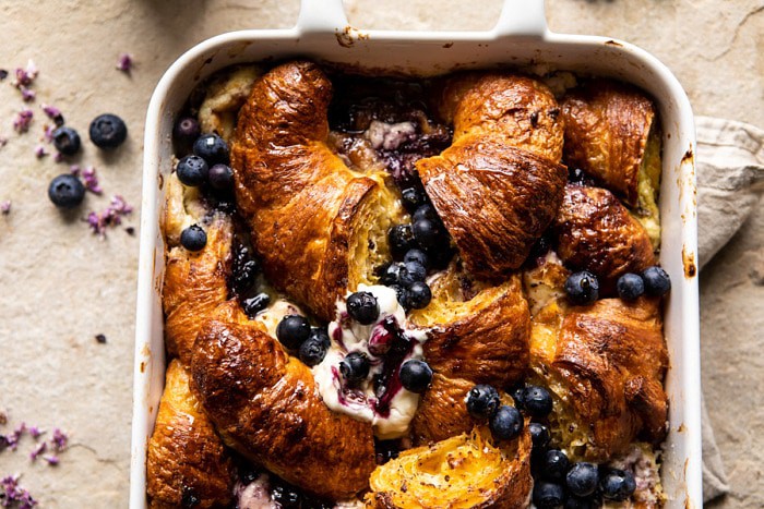 horizontal photo of Berry and Cream Cheese Croissant French Toast Bake