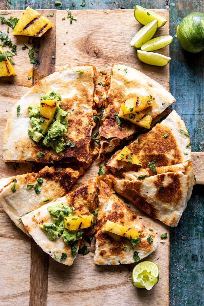 overhead photo of Cauliflower Al Pastor Quesadillas with Lime Smashed Avocado