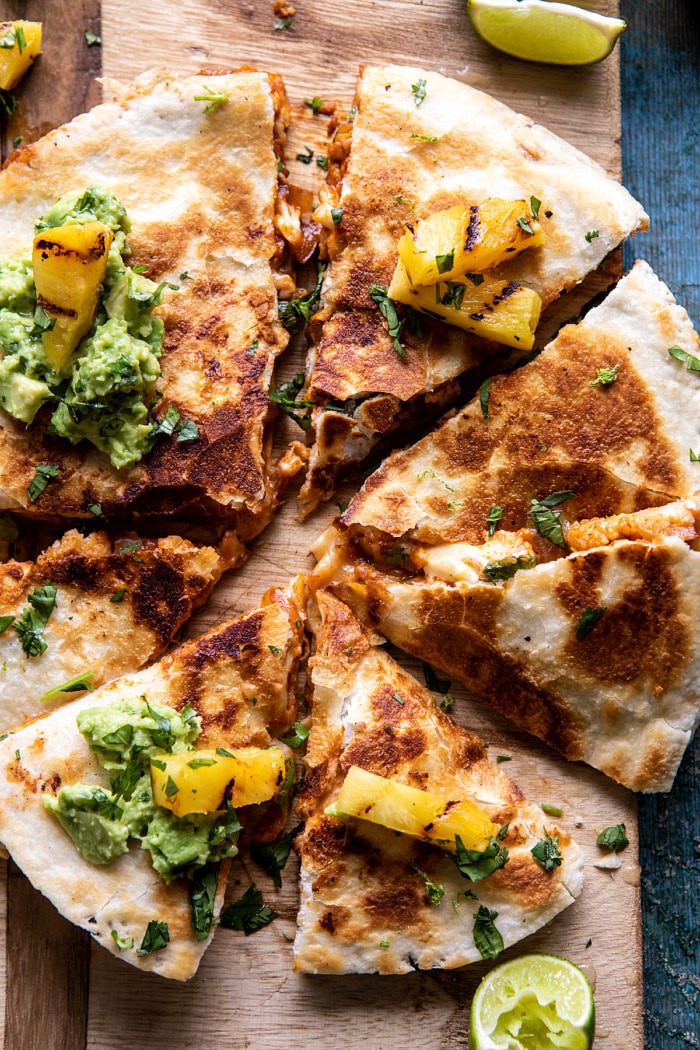 overhead close up photo of Cauliflower Al Pastor Quesadillas with Lime Smashed Avocado 