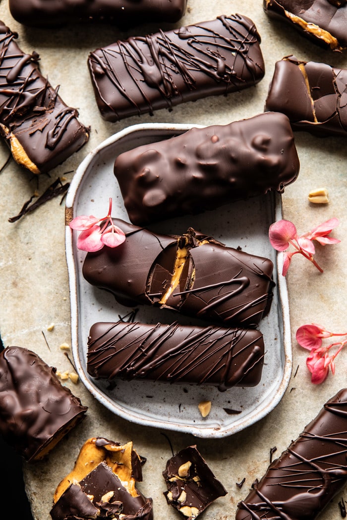 Chocolate Covered Creamy Peanut Butter Cup Bars | halfbakedharvest.com #vegan #chocolate #peanutbutter #dessert