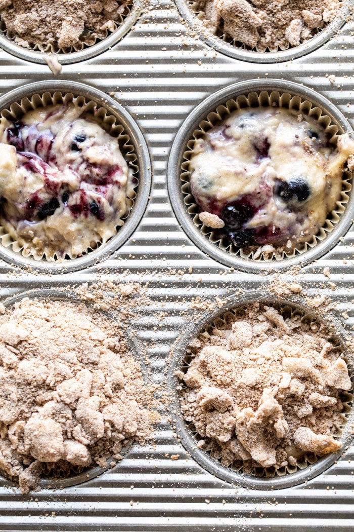 Blueberry Swirl Coffee Cake Muffins in muffin tin before baking 