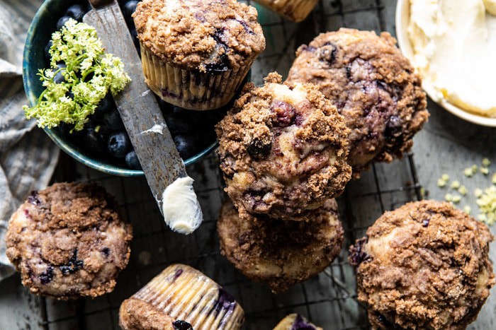 horizontal photo of Cinnamon swirl Blueberry Coffee Cake Muffins