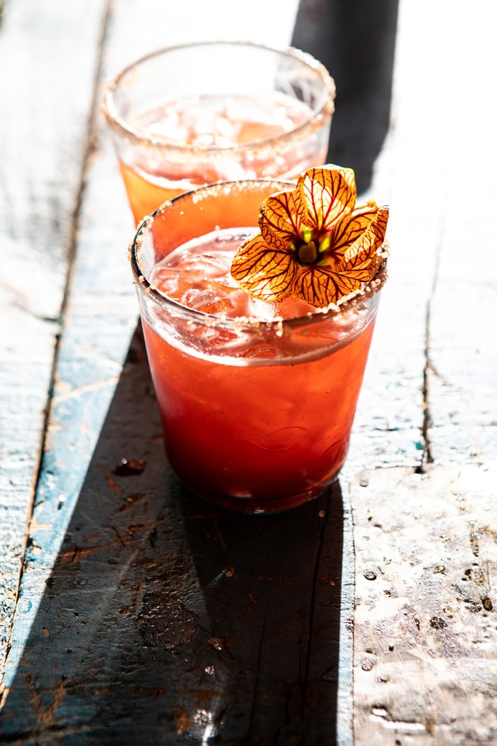 Strawberry Hibiscus Ginger Margarita in sunlight