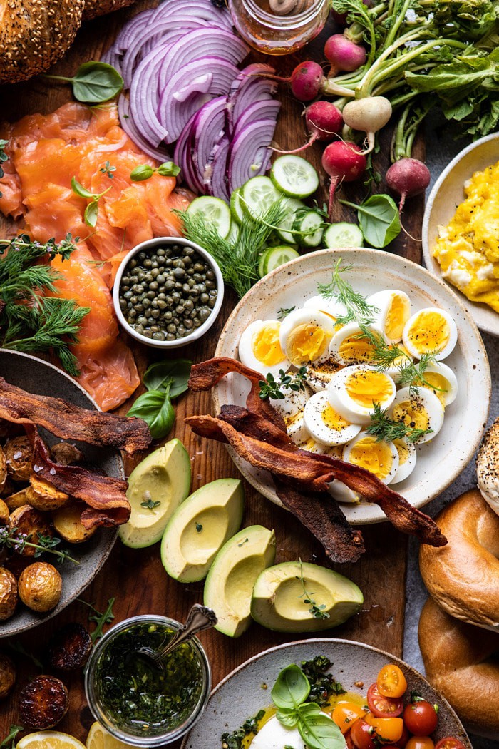 overhead photo of Ultimate Spring Brunch Board, close up on hard board eggs 