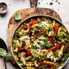 Antipasto Pasta Salad with Herby Parmesan Vinaigrette | halfbakedharvet.com #pasta #easyrecipes #pastasalad #mothersday