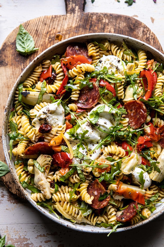 overhead close up photo of Antipasto Pasta Salad with Herby Parmesan Vinaigrette 