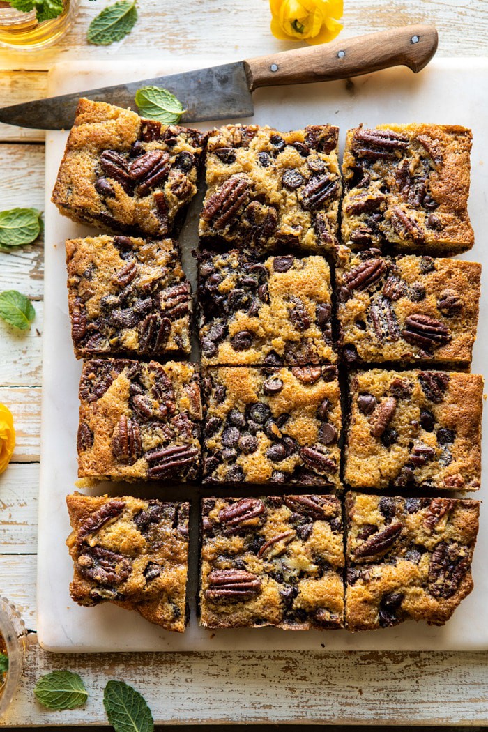 overhead photo of Kentucky Derby Pie Chocolate Chip Cookie Bars