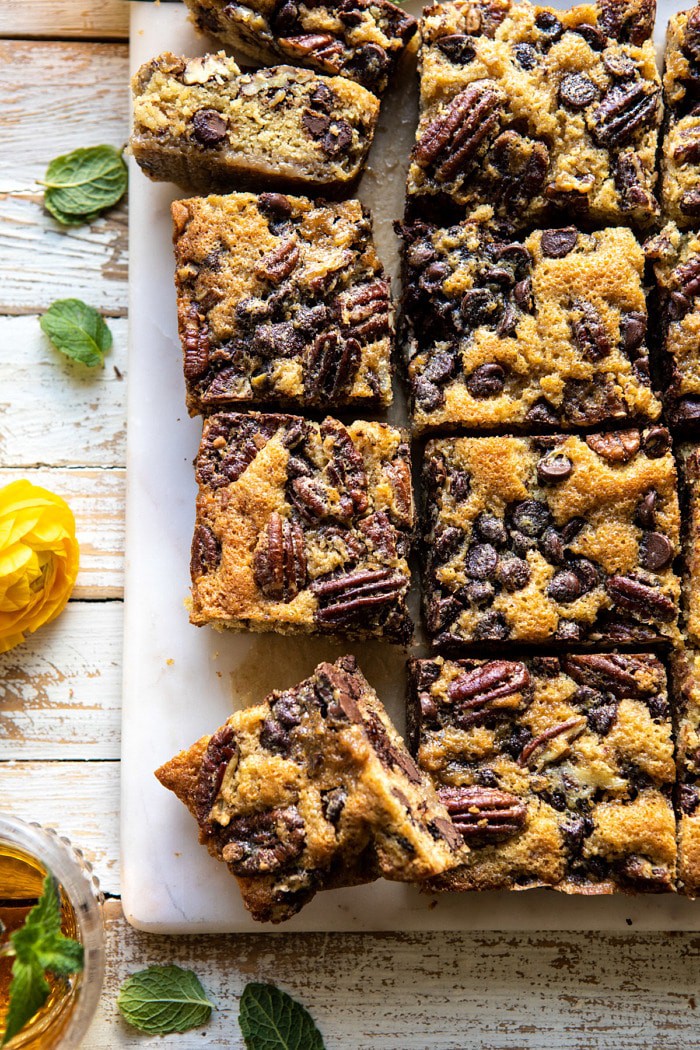 overhead close up photo Kentucky Derby Pie Chocolate Chip Cookie Bars 