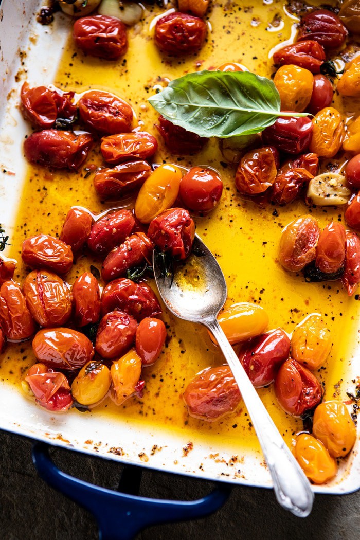 overhead photo of roasted tomatoes in pan